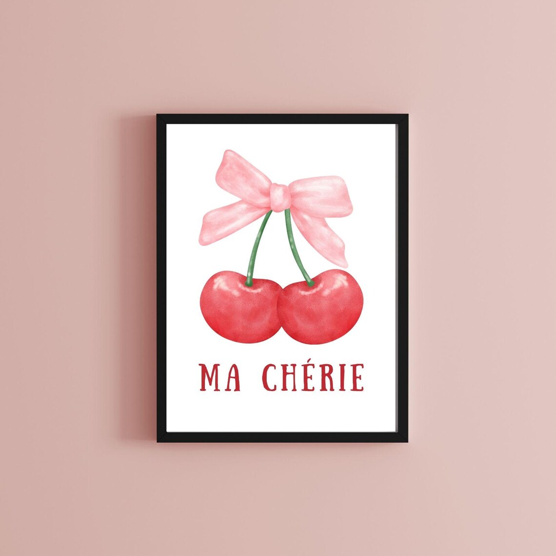 Ma Cherie Red Cherries Pink Bow Watercolor French Coquette Print - Image 3