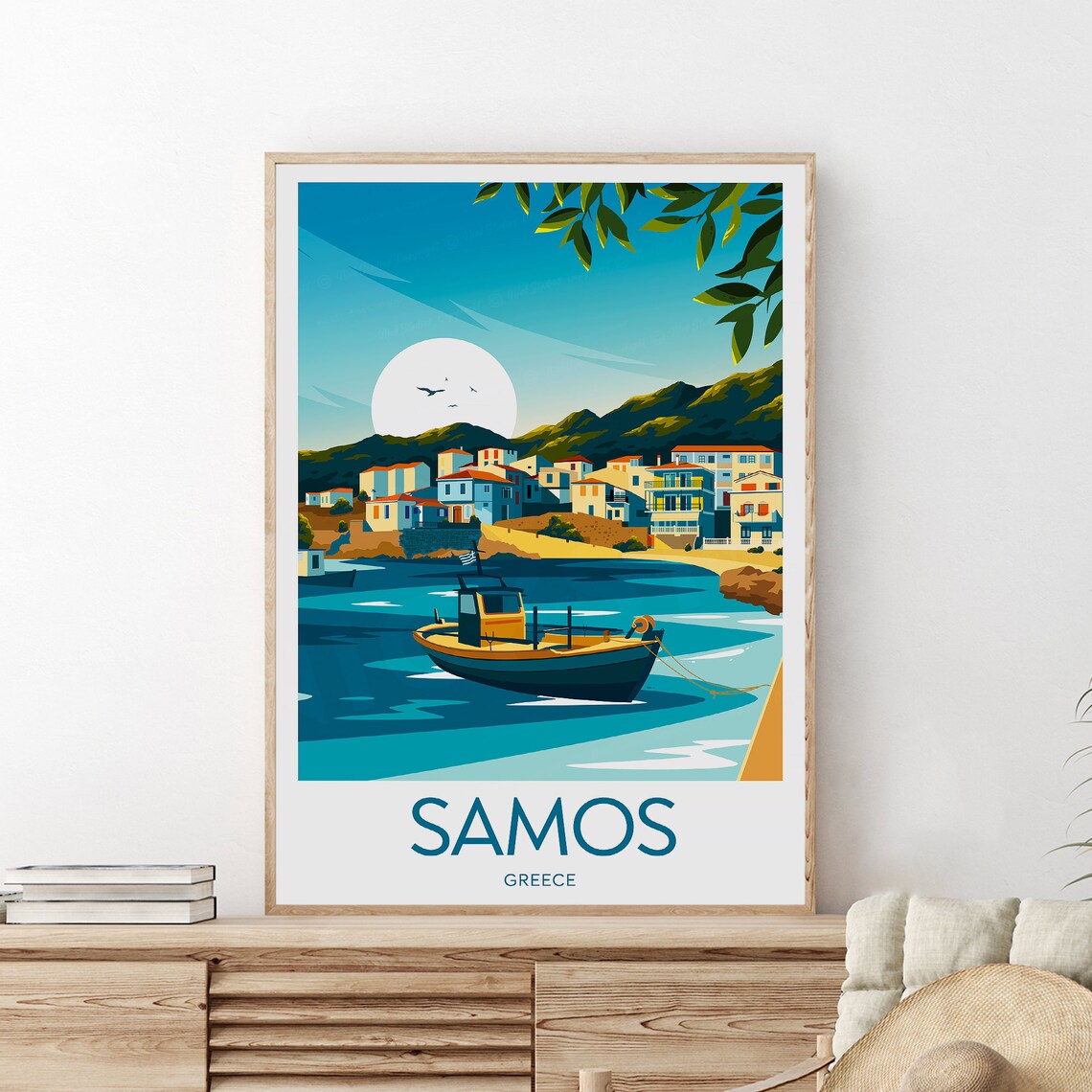 Samos Greece Fishing Boat Harbor Village Vintage Travel Poster