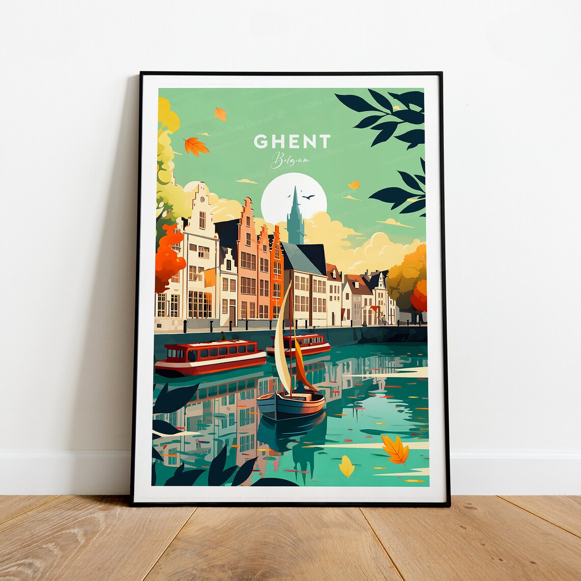 Ghent Belgium Canal Boats and Autumn Leaves Vintage Travel Poster