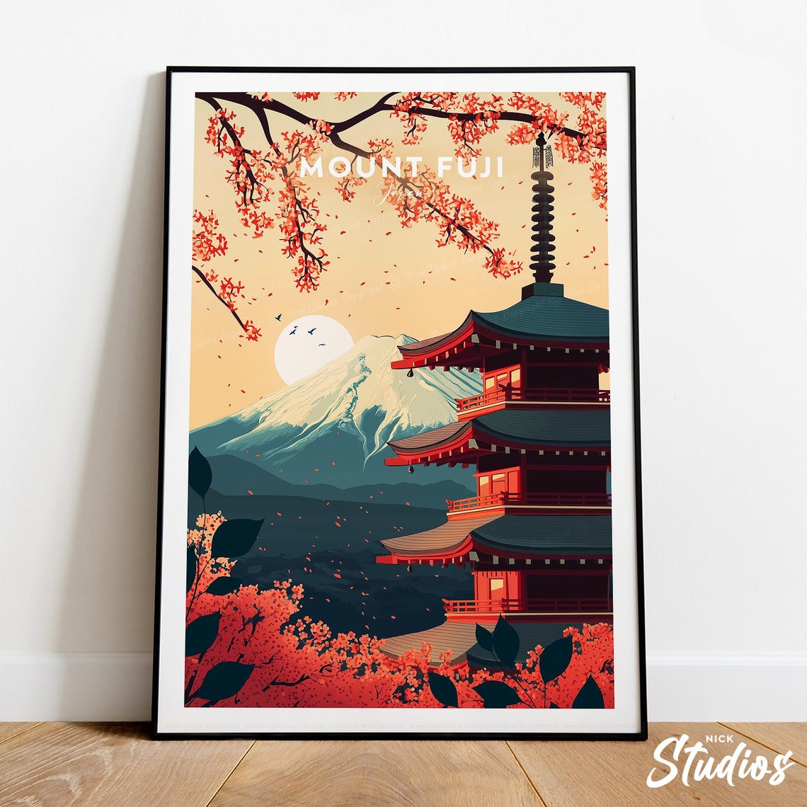 Mount Fuji Chureito Pagoda Harvest Moon Retro Japan Travel Poster
