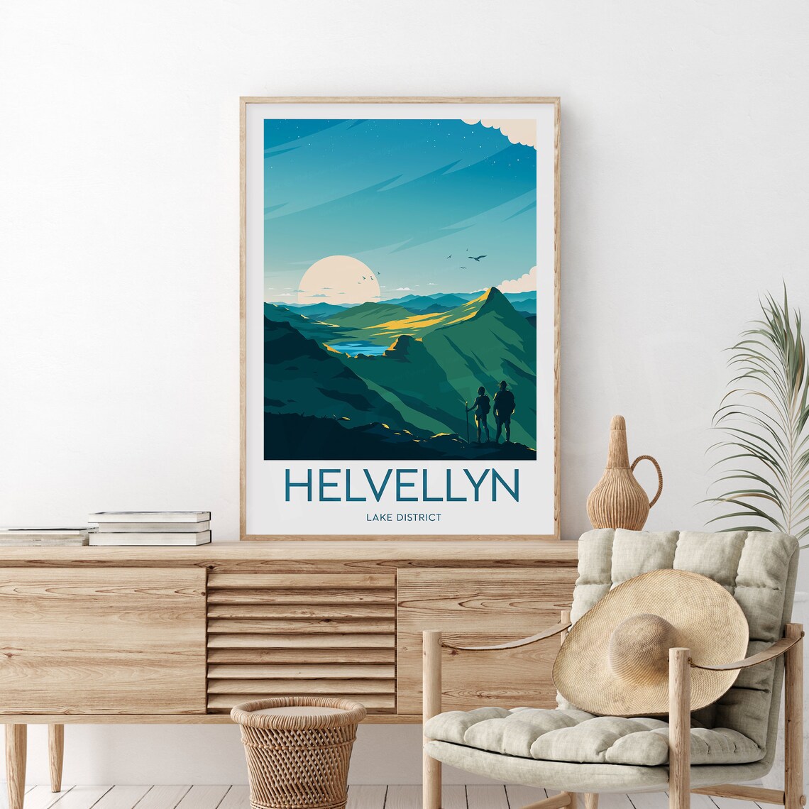 Helvellyn Lake District Hikers Summit Sunset Hiking Travel Poster
