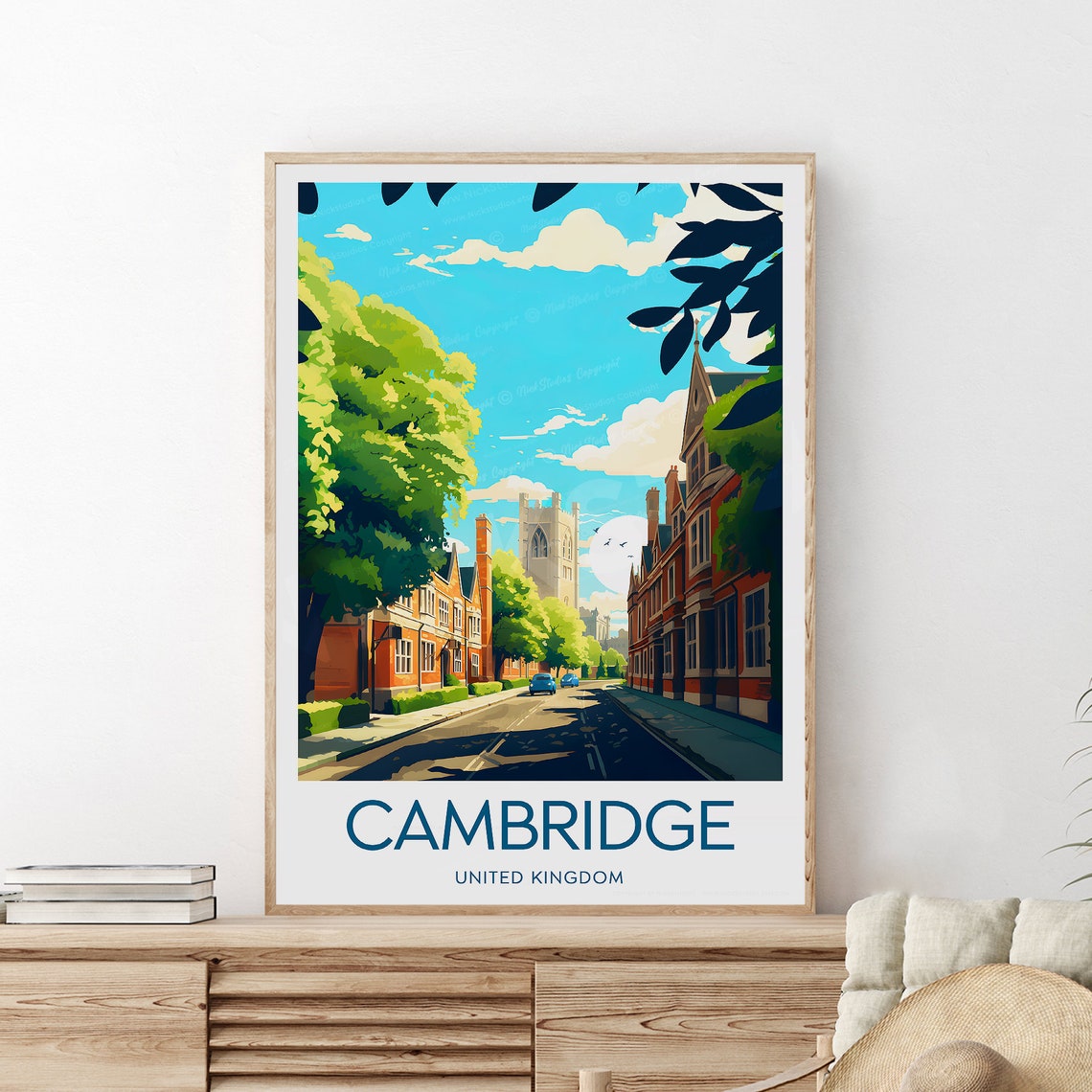 Cambridge England University College Street Spring Travel Poster