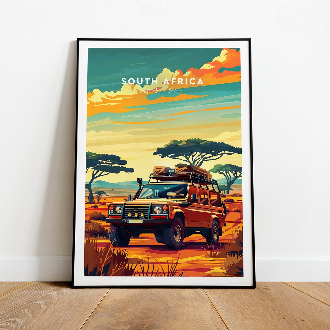 South Africa Safari Jeep Acacia Trees Golden Sunset Travel Poster