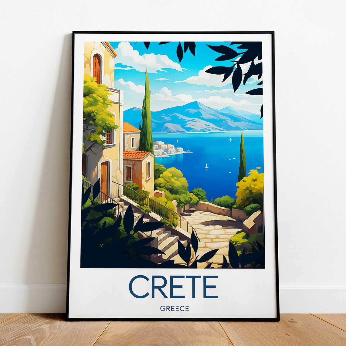Crete Hillside Village Stairs Overlooking Aegean Blue Bay Poster