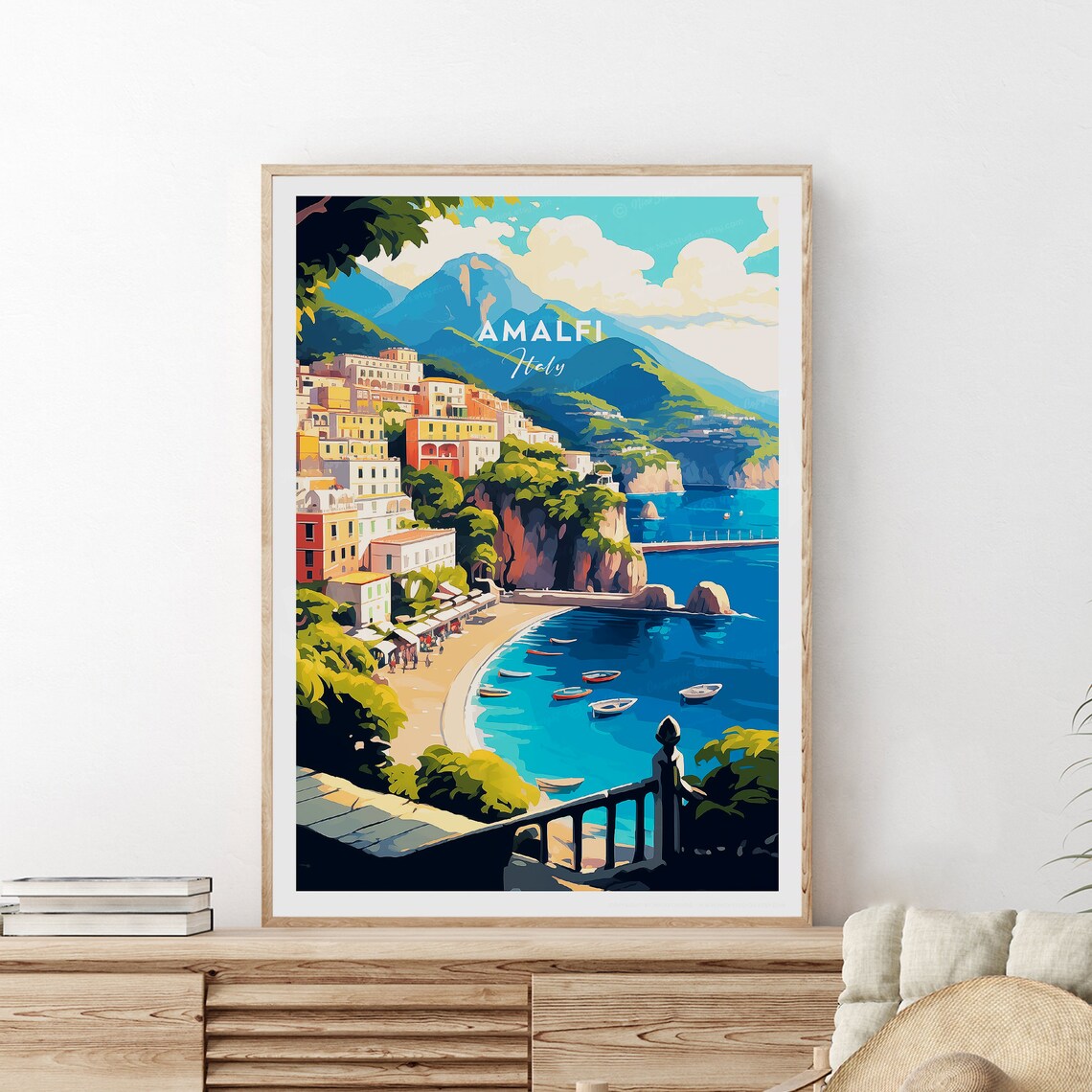 Amalfi Coast Italy Cliffside Village Harbour Boats Travel Poster