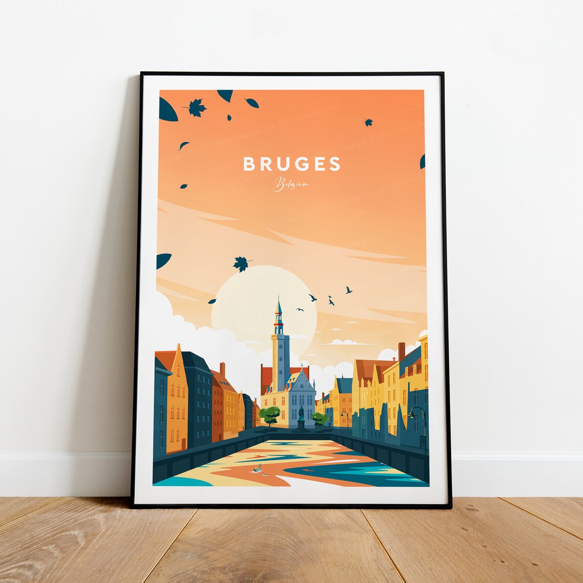 Bruges Belgium Canal Old Town Sunset Historic Street Travel Poster