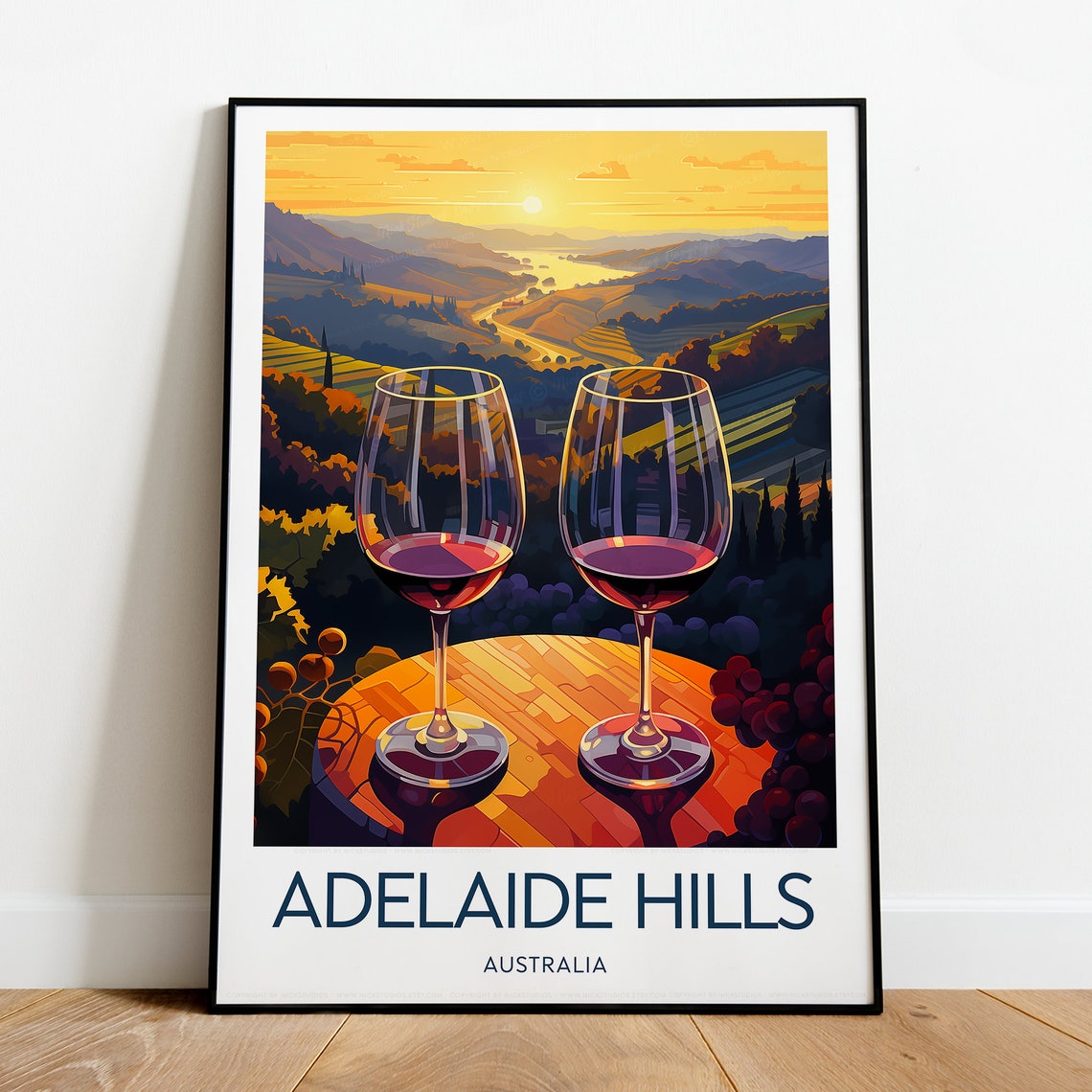 Adelaide Hills Australia Wine Valley Sunset Vineyard Travel Poster - Image 2