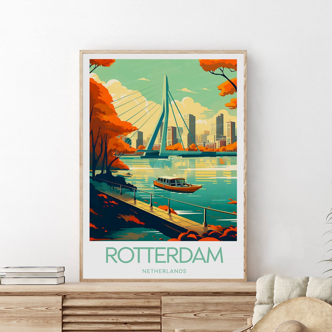 Rotterdam Netherlands Erasmus Bridge Skyline Autumn Riverside Poster