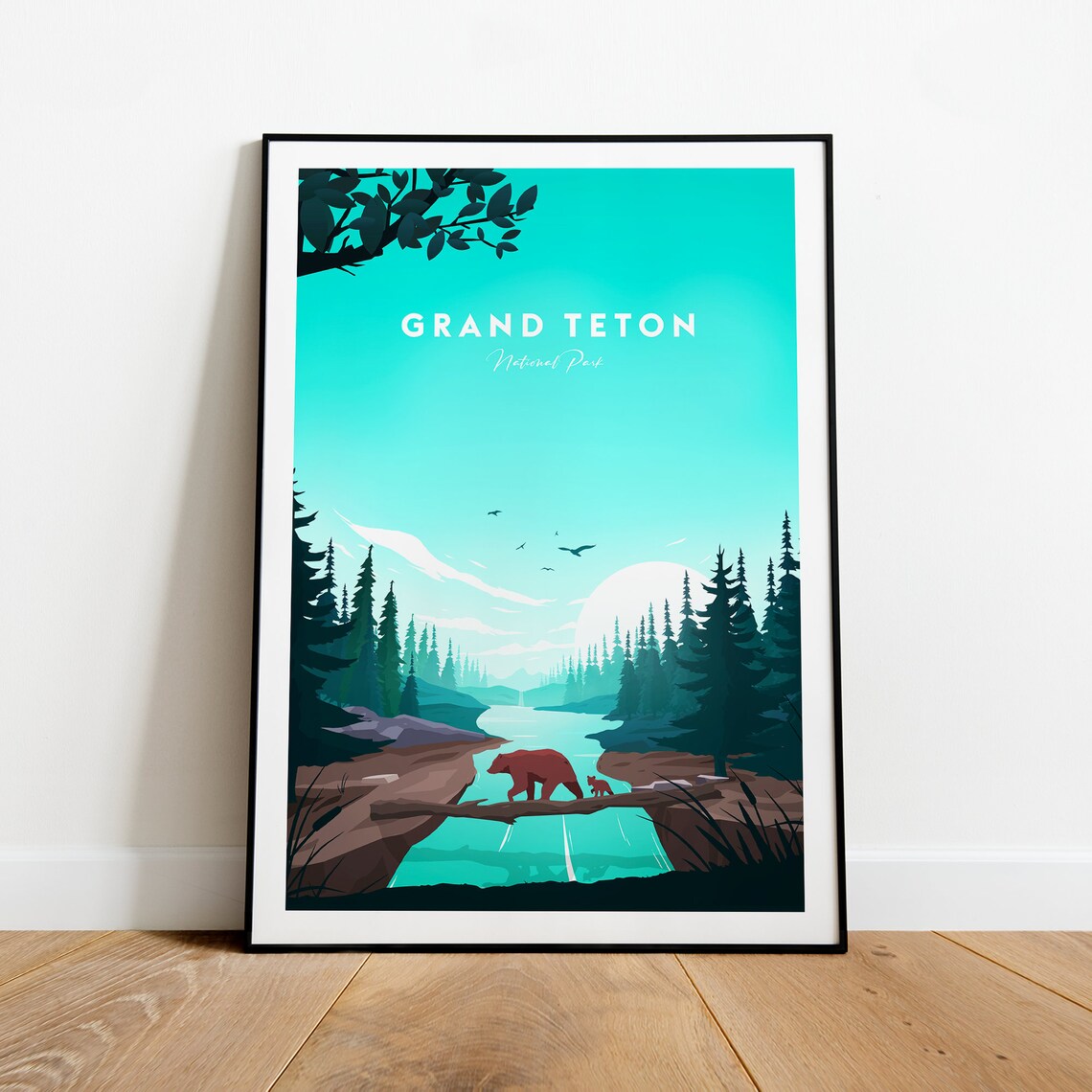 Grand Teton National Park Bears Forest River Wildlife Travel Poster - Image 2
