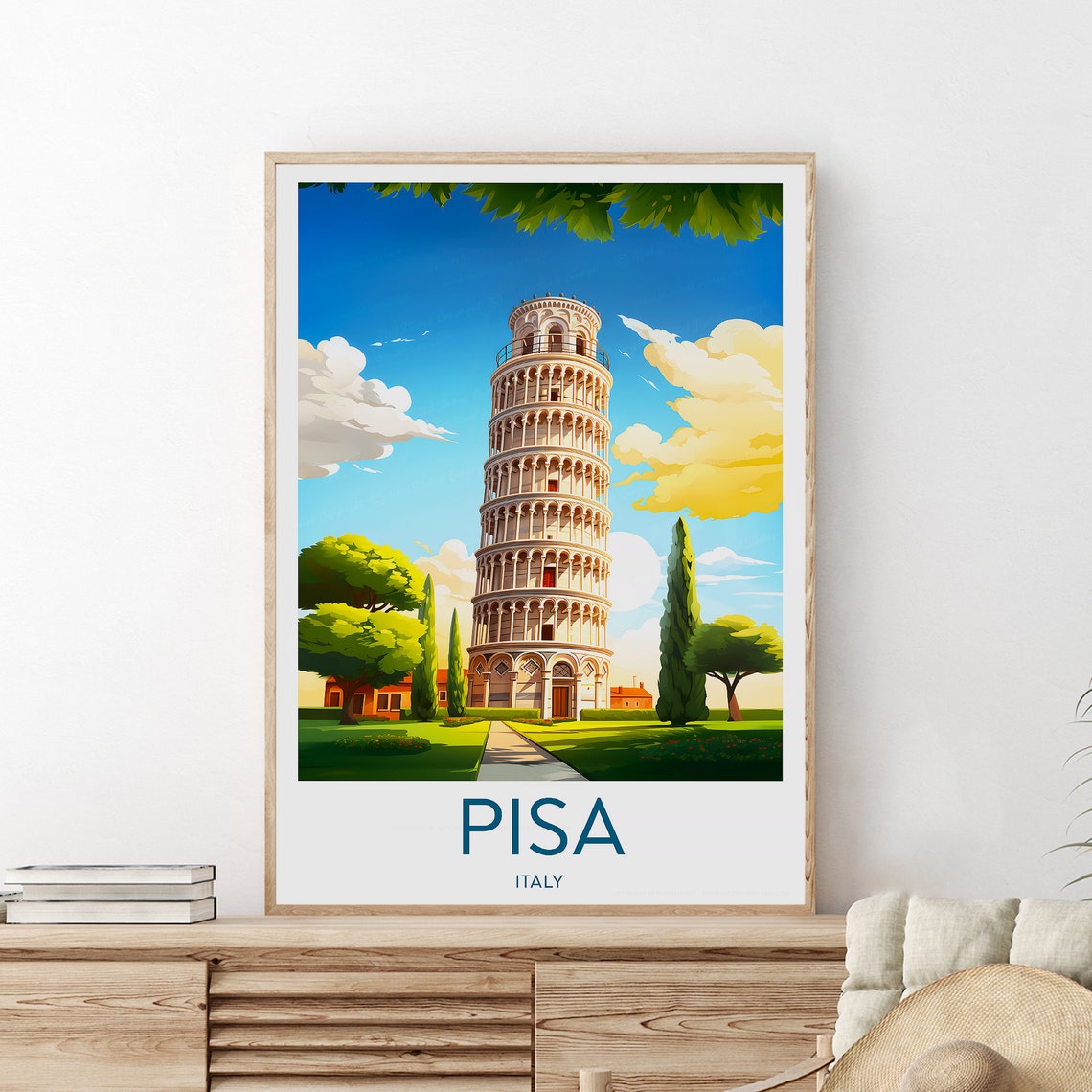 Pisa Italy Leaning Tower Tuscan Garden Sunny Day Travel Poster