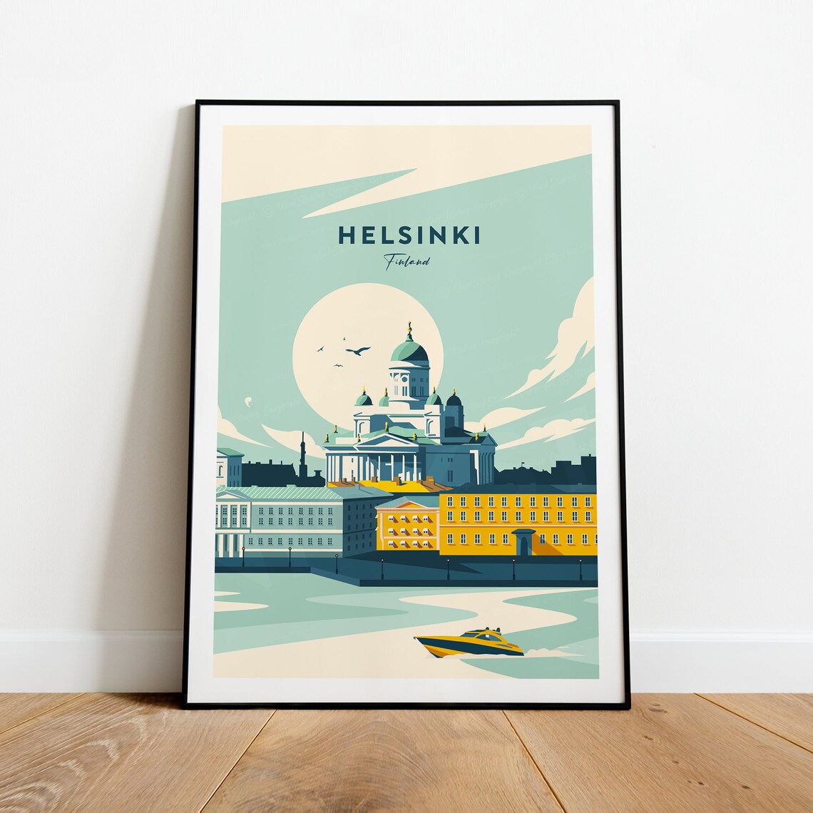 Helsinki Finland Cathedral Harbor Boat Retro Travel Art Poster - Image 2