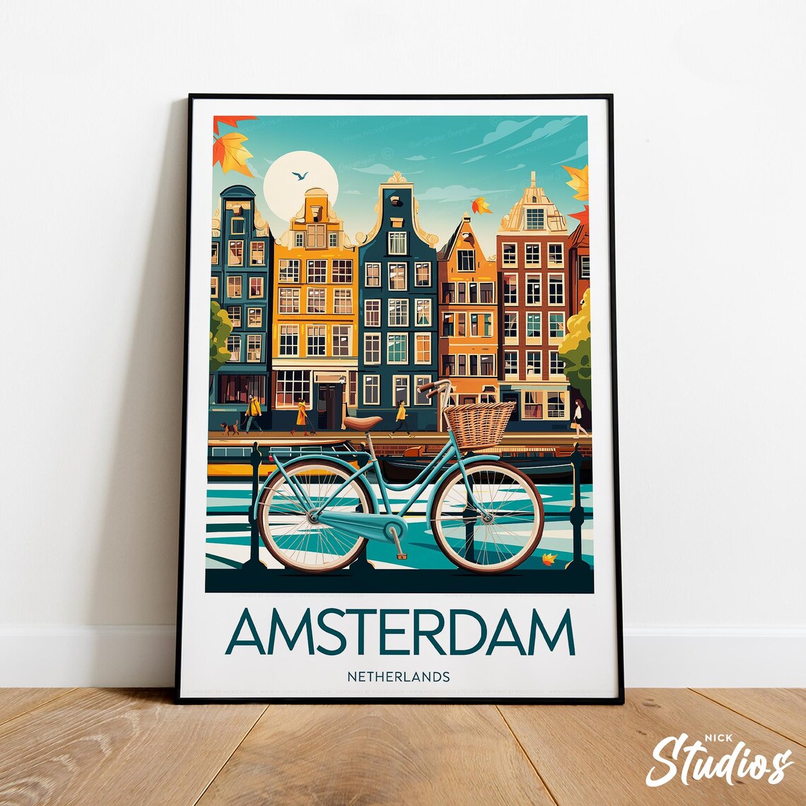 Amsterdam Netherlands Canal Houses Bicycle Vintage Travel Poster