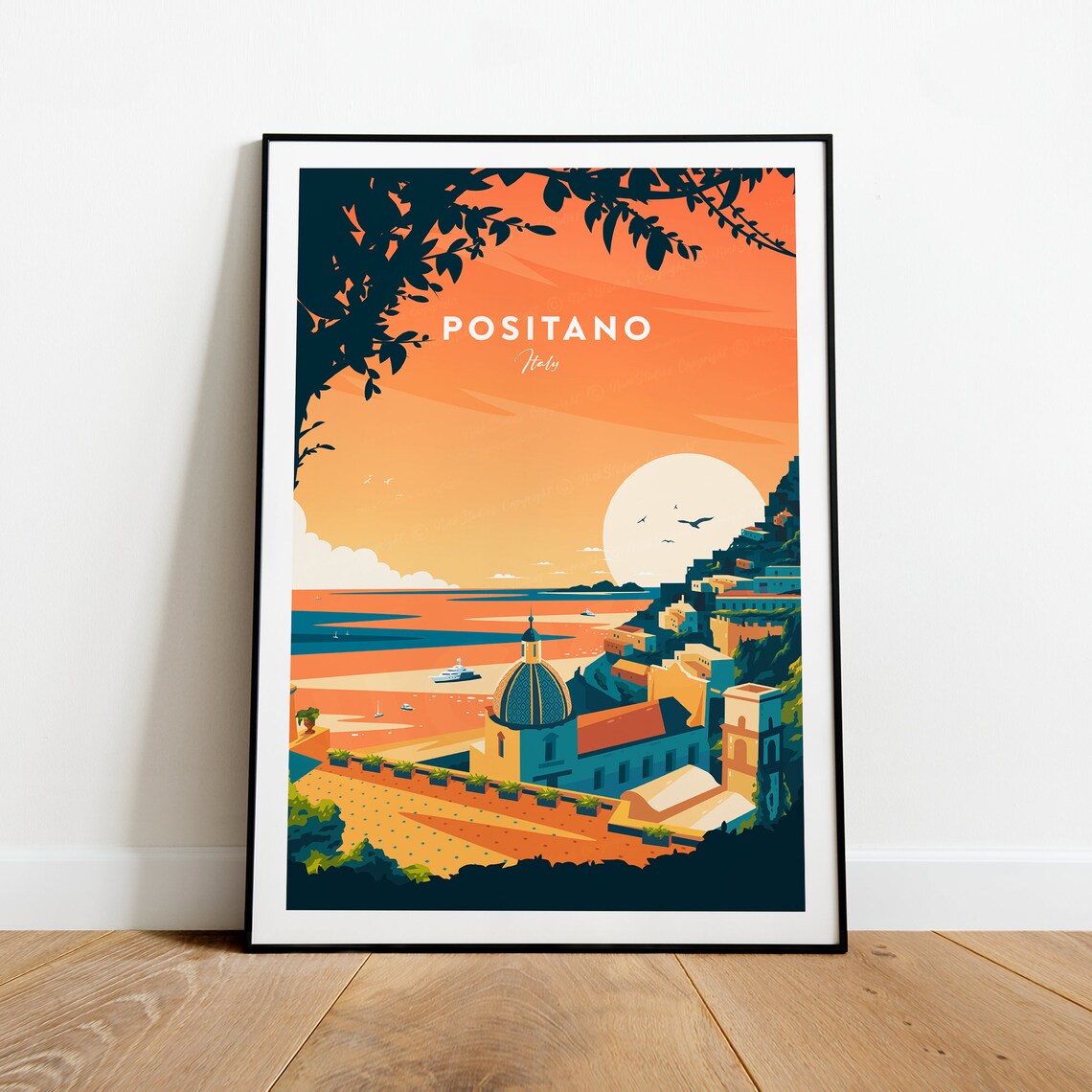 Positano Italy Amalfi Coast Sunset Domed Church Orange Sky Travel Poster