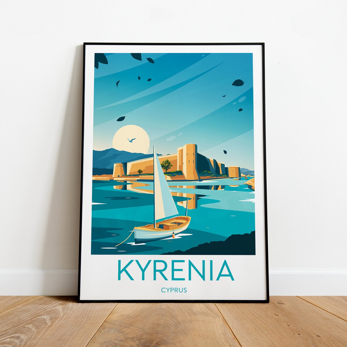 Vintage Kyrenia Cyprus Sailboat Castle Sunset Harbor Scenic Poster