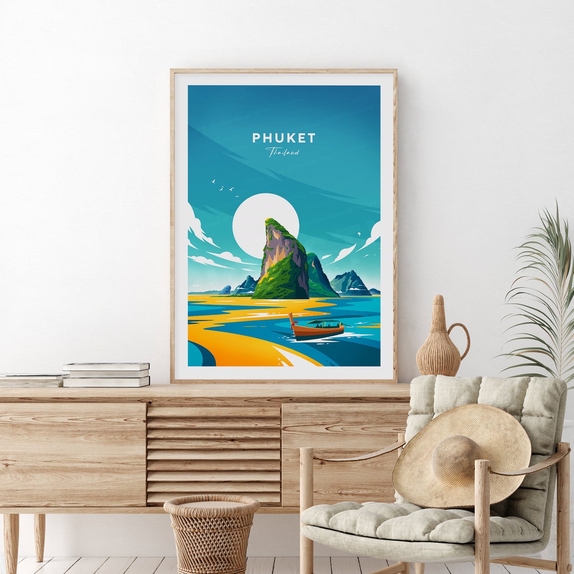 Phuket Thailand Limestone Karst Longtail Boat Sunset Travel Poster