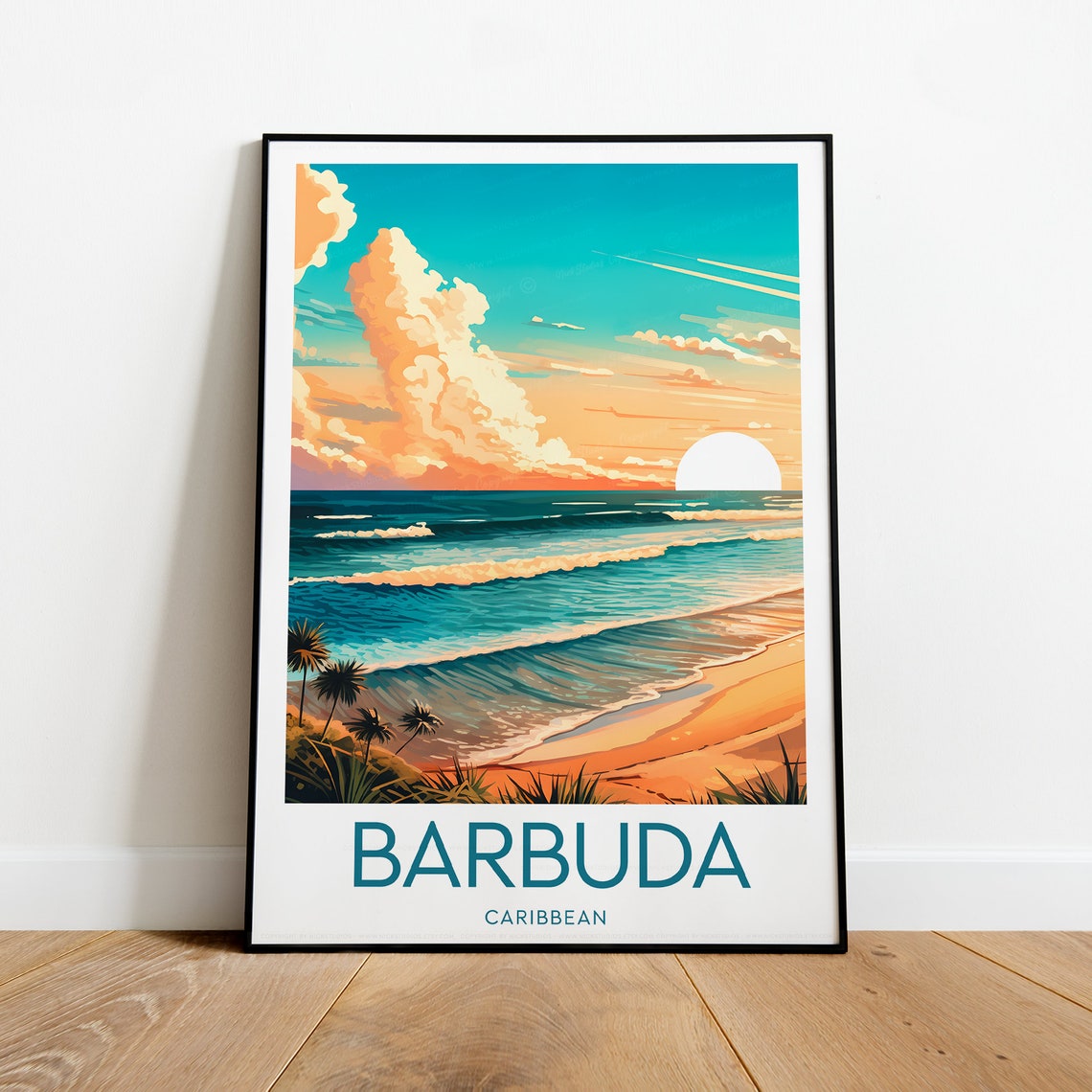 Barbuda Caribbean Golden Sunset Waves Beach Getaway Travel Poster