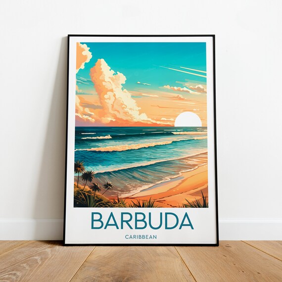 Barbuda Caribbean Golden Sunset Waves Beach Getaway Travel Poster