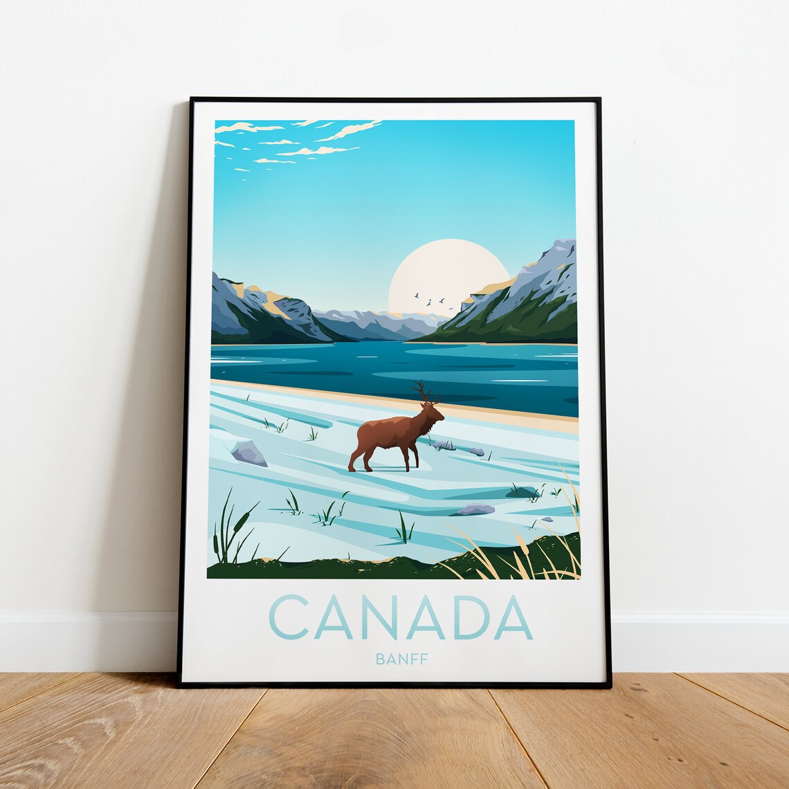 Banff Rocky Mountain Lake with an Elk at Sunrise Canada Poster