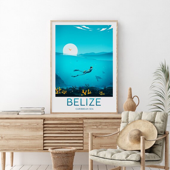 Belize Coral Reef Snorkeling Diver Caribbean Sea Tropical Travel Poster