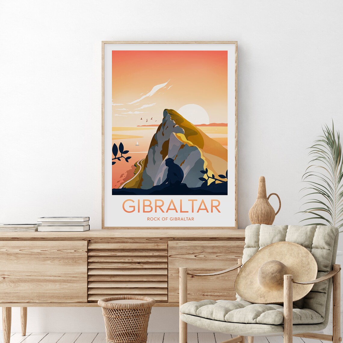 Gibraltar Rock of Gibraltar Sunset Monkey Silhouette Travel Poster