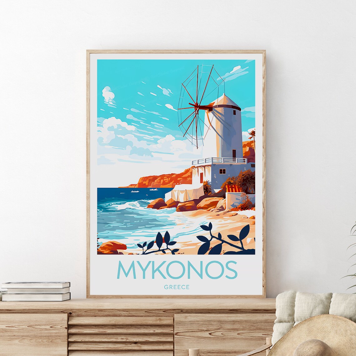Mykonos Greece White Windmill Rocky Coast Turquoise Sea Travel Poster - Image 2