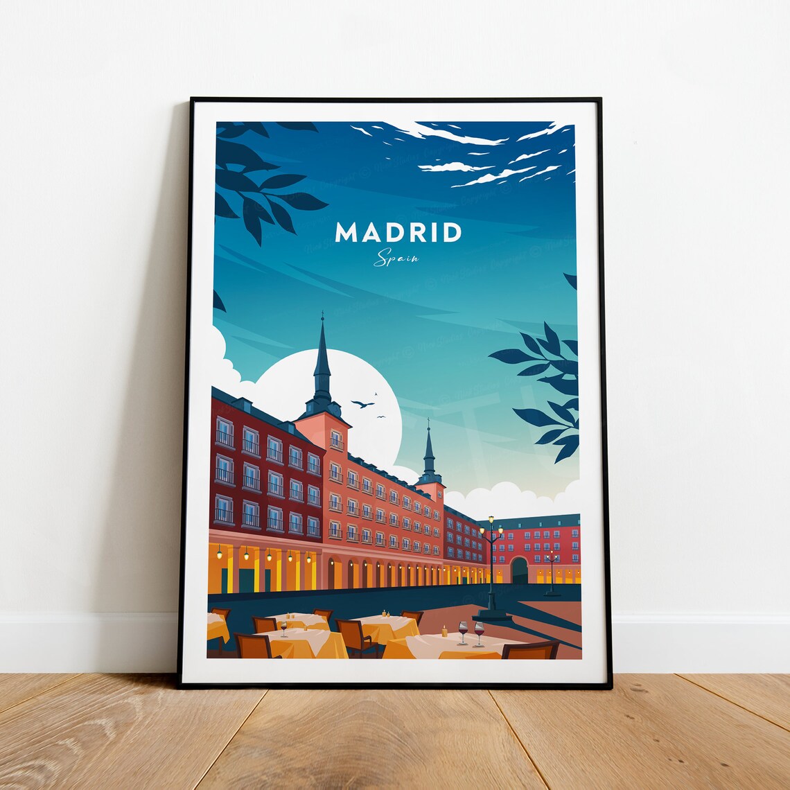 Madrid Spain Plaza Mayor Night Moon Cafe Tables Travel Poster