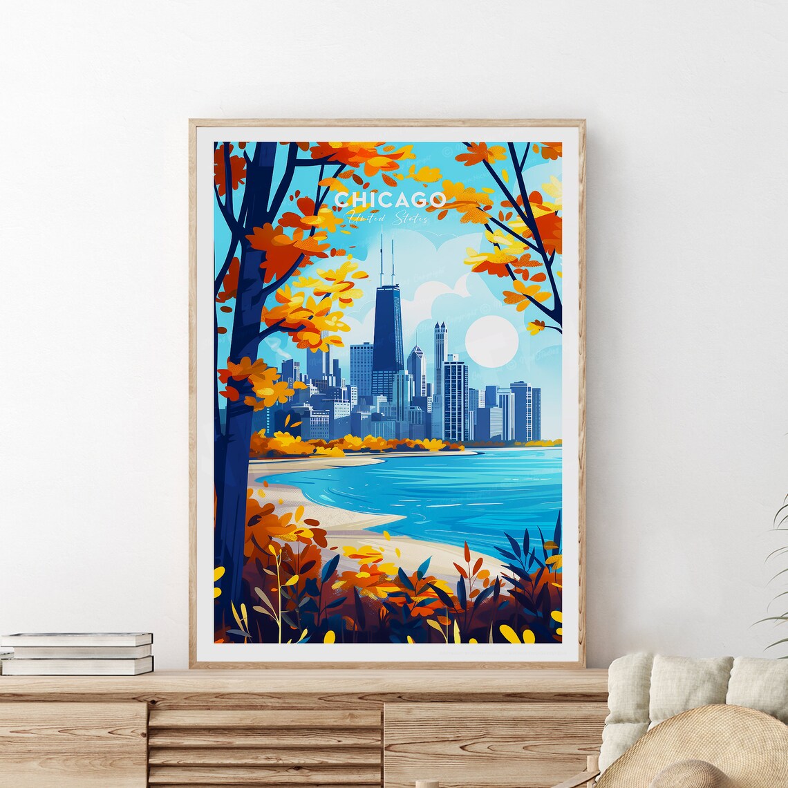 Chicago Skyline Autumn Lakefront Leaves Illinois City Travel Poster - Image 2