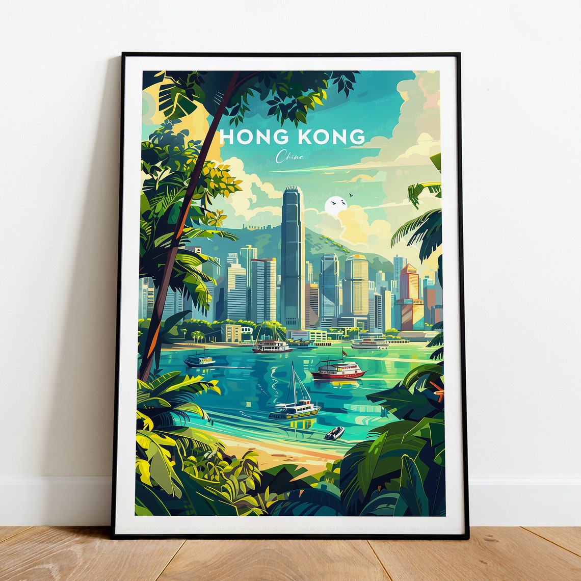 Hong Kong China Tropical Harbor Skyline Sunset View Travel Poster - Image 2