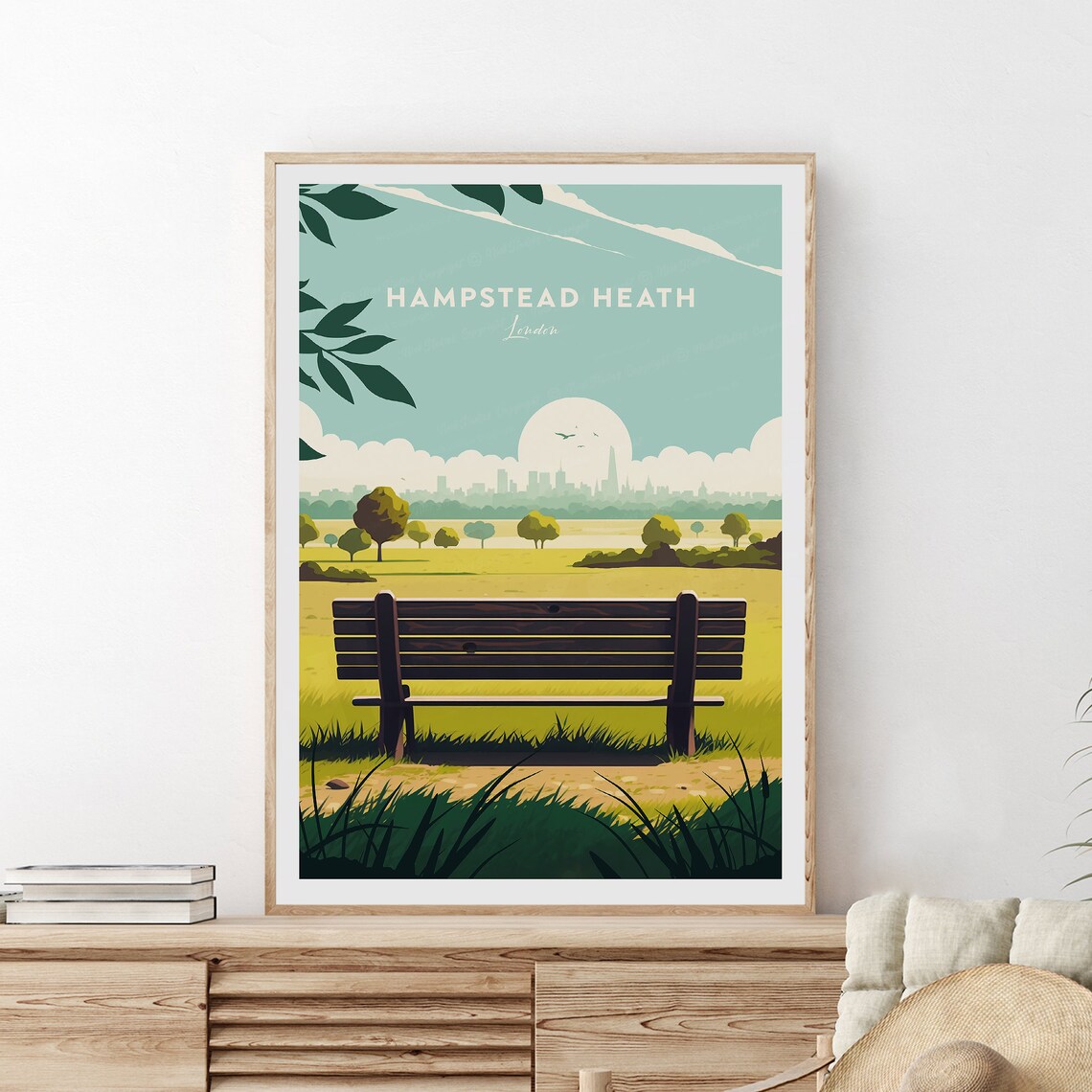 Hampstead Heath London Park Bench with City Skyline View Poster - Image 2