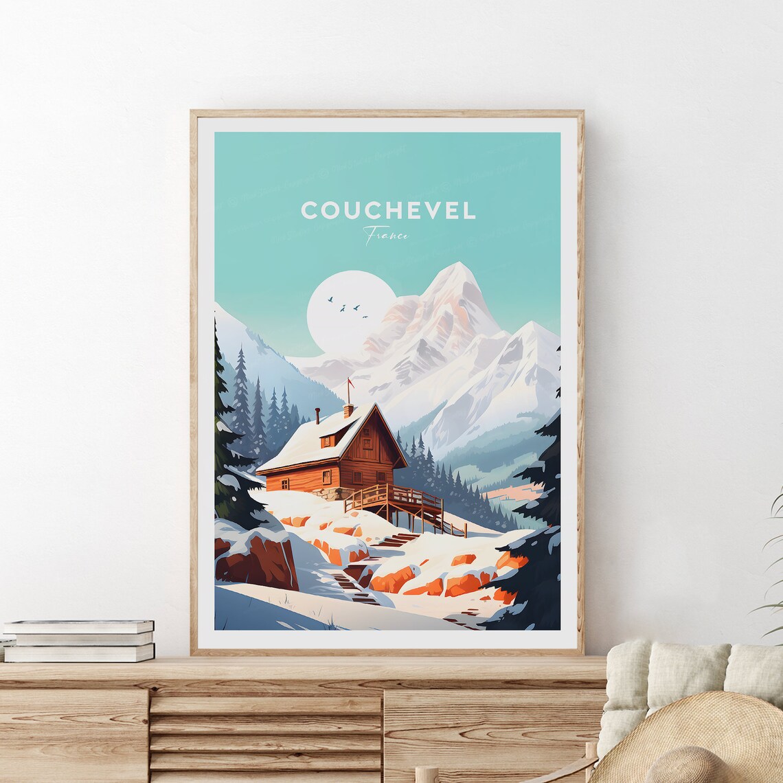 Courchevel France Snowy Mountain Cabin Winter Village Poster