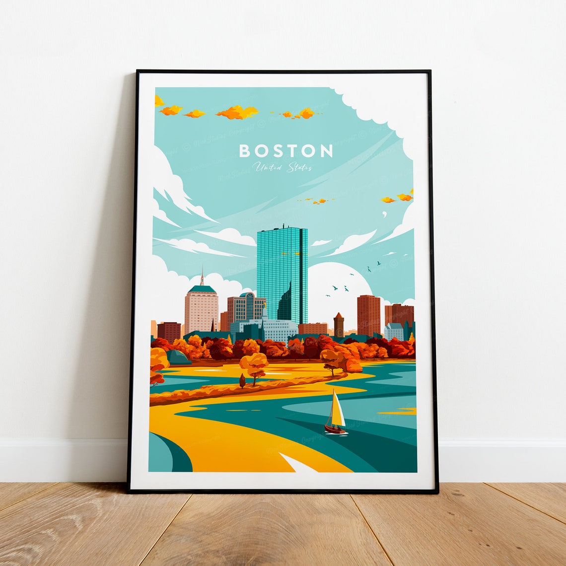 Boston Autumn Skyline River Sailboat Classic Vintage Travel Poster - Image 2