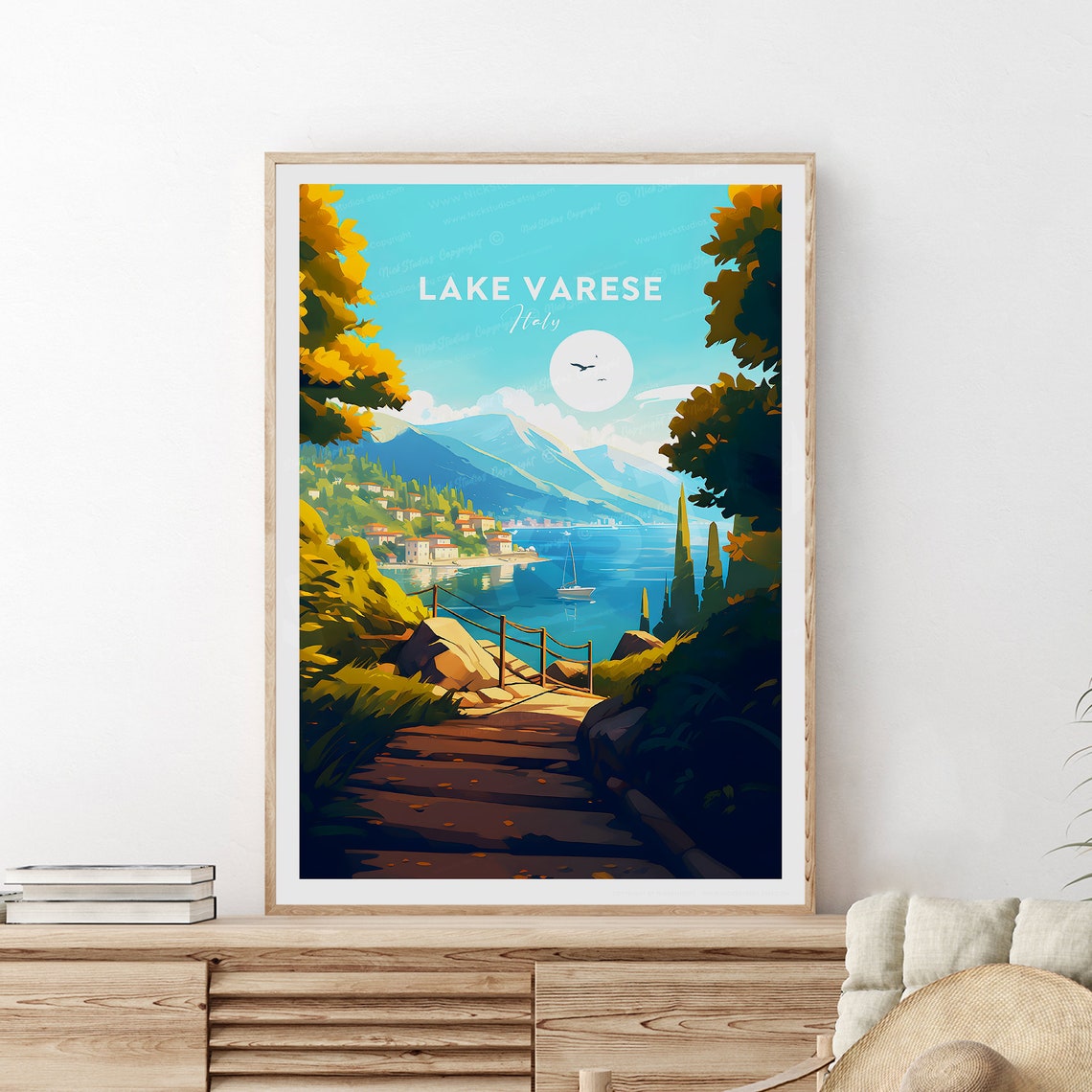Lake Varese Italian Lakeside Steps Sailboat Scenery Travel Poster - Image 2