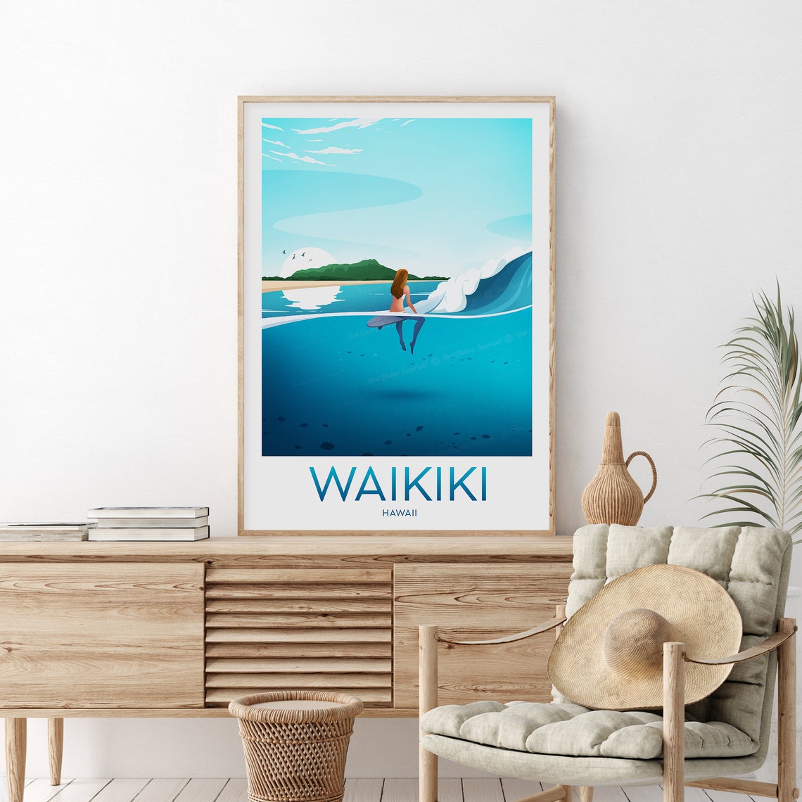 Waikiki Hawaii Surfer Riding Turquoise Ocean Wave Travel Poster