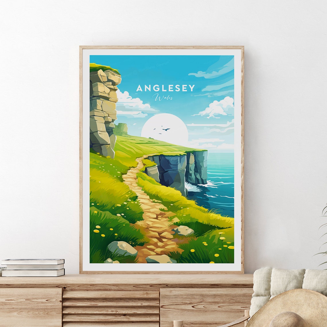 Anglesey Wales Sunlit Coastal Cliffs and Winding Cliff Path Poster