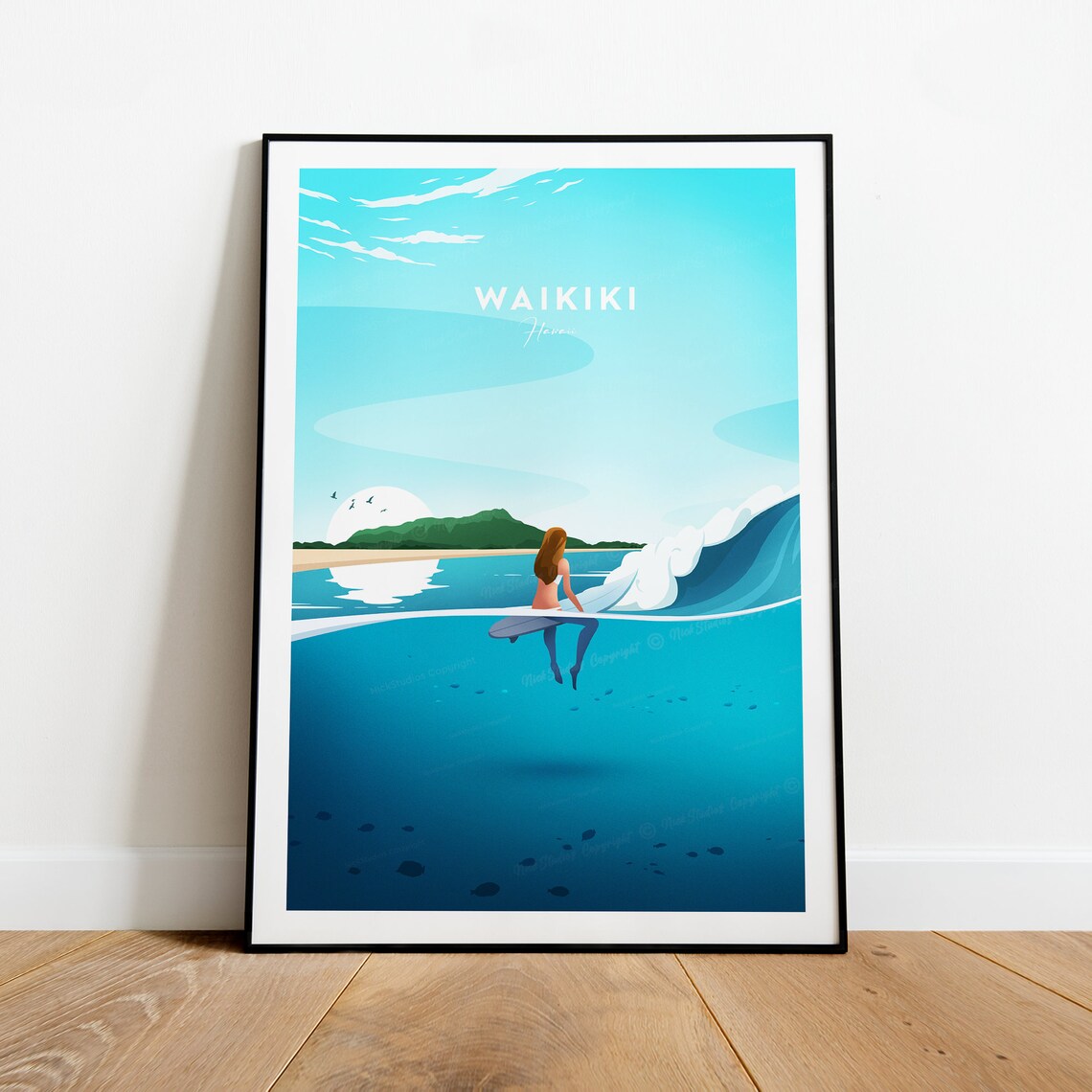 Waikiki Hawaii Surfer Girl Wave Ocean Sunset Beach View Travel Poster - Image 2
