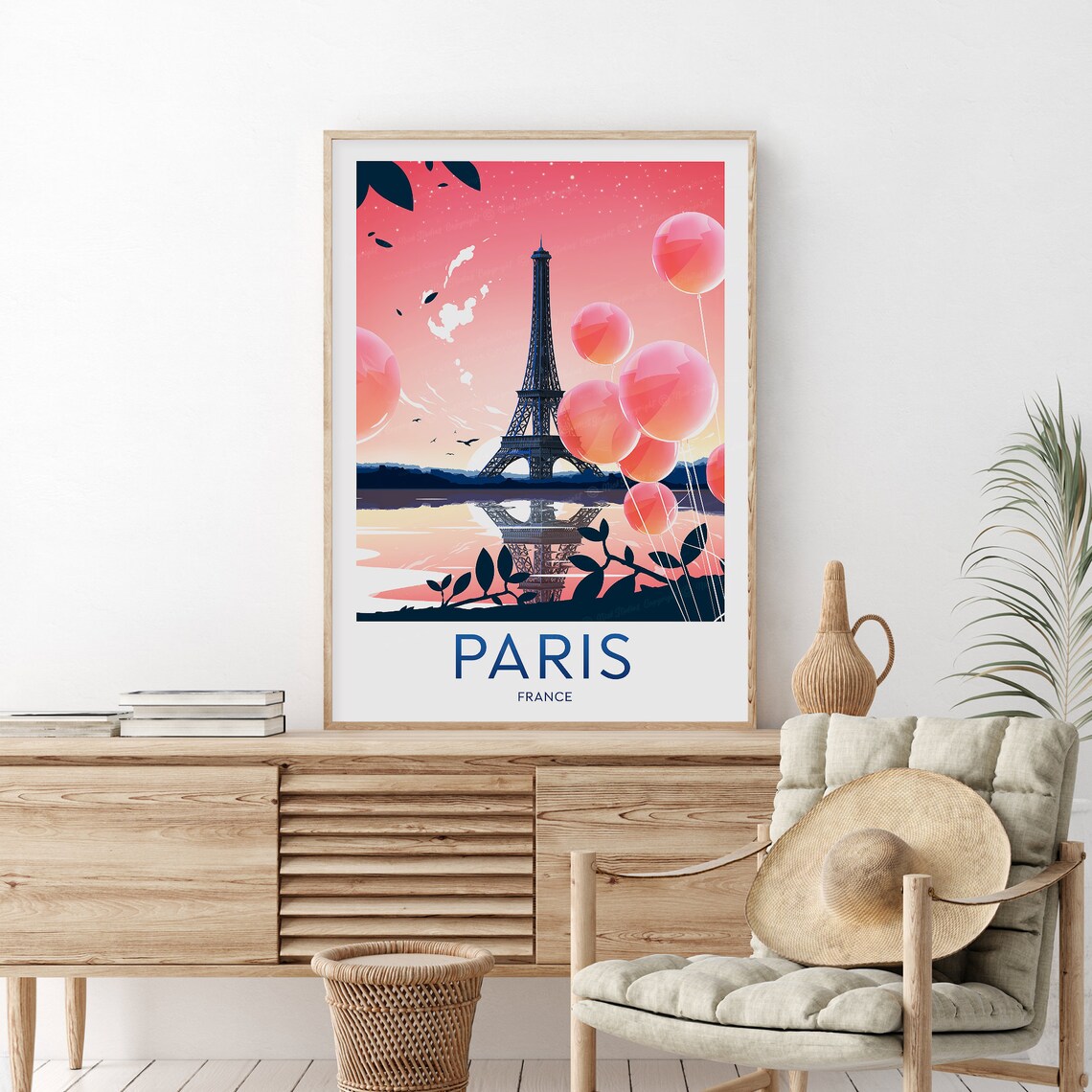 Paris France Eiffel Tower Pink Balloons Sunset Vintage Travel Poster