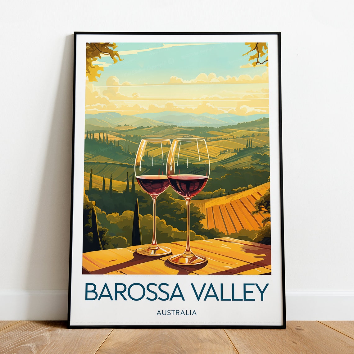 Barossa Valley Vineyard Golden Sunset Red Wine Glasses Travel Poster - Image 2