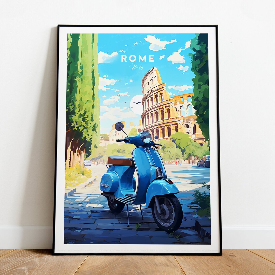 Rome Colosseum Blue Vespa Italy Historic Street Scene Travel Poster - Image 2