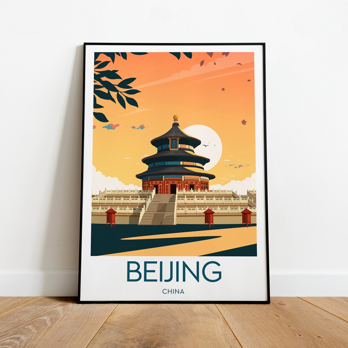 Beijing China Temple Of Heaven Sunset Illustrated Travel Poster