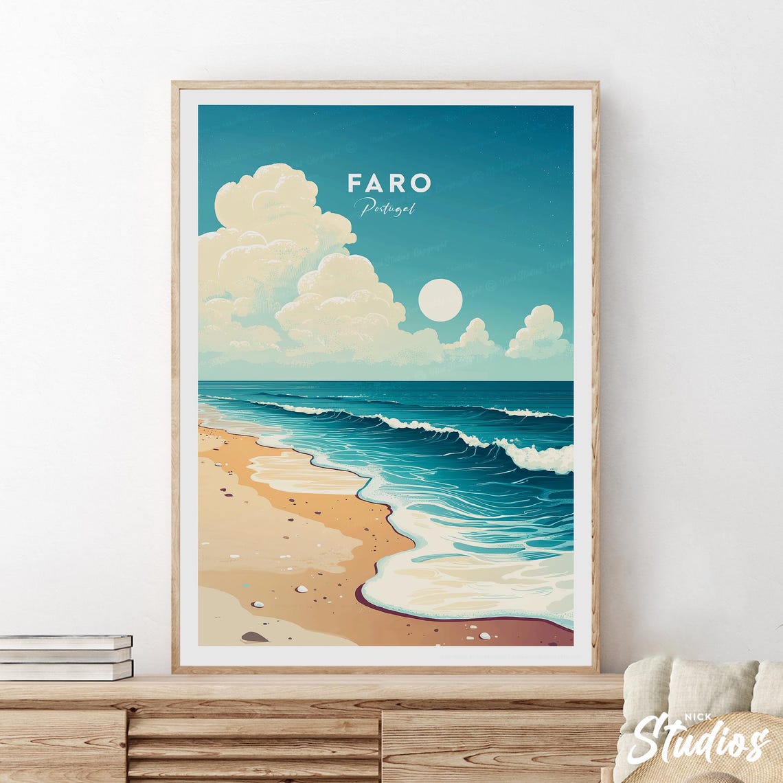 Faro Portugal Traditional Travel Poster Beach Waves Seascape