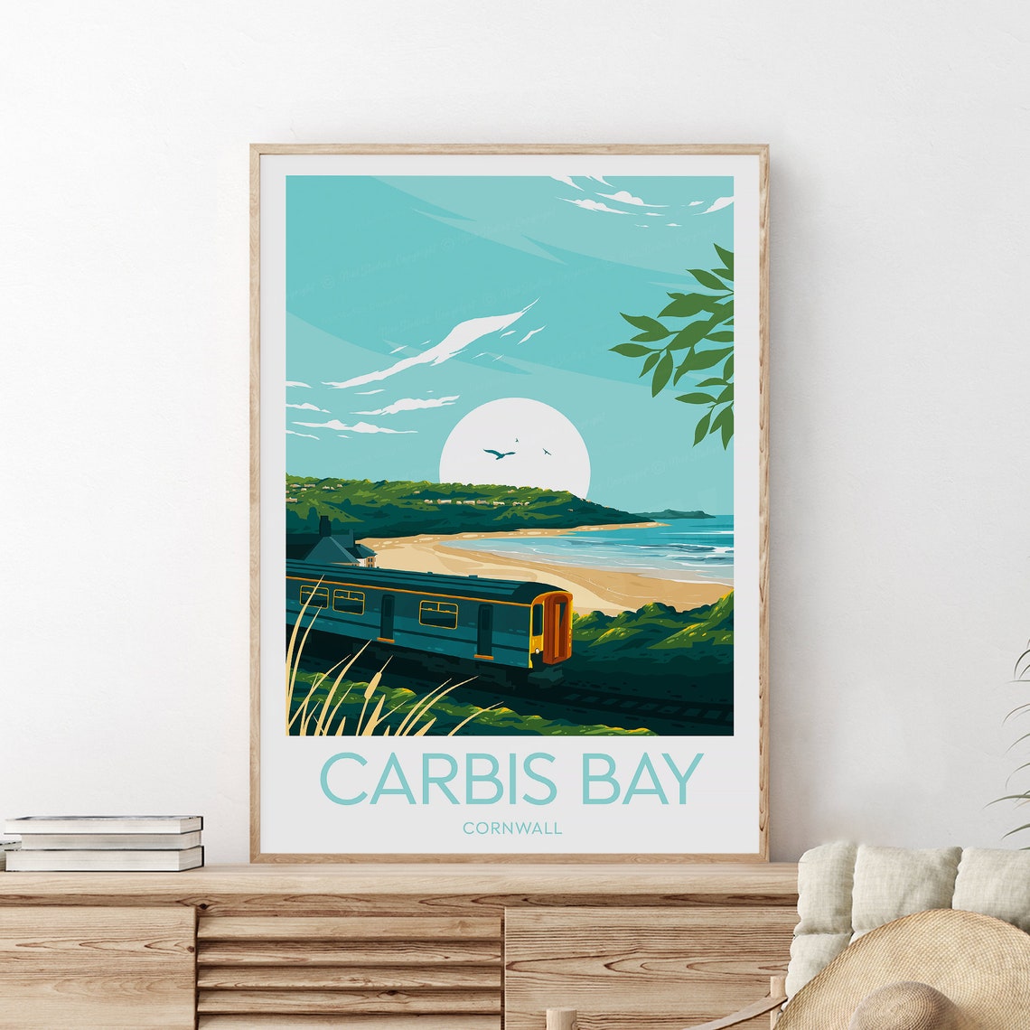 Carbis Bay Cornwall Coastal Train Beach Golden Sun Travel Poster