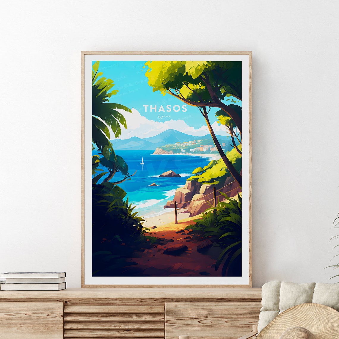 Thasos Secluded Cove Viewed through Palm Trees Greece Poster - Image 2