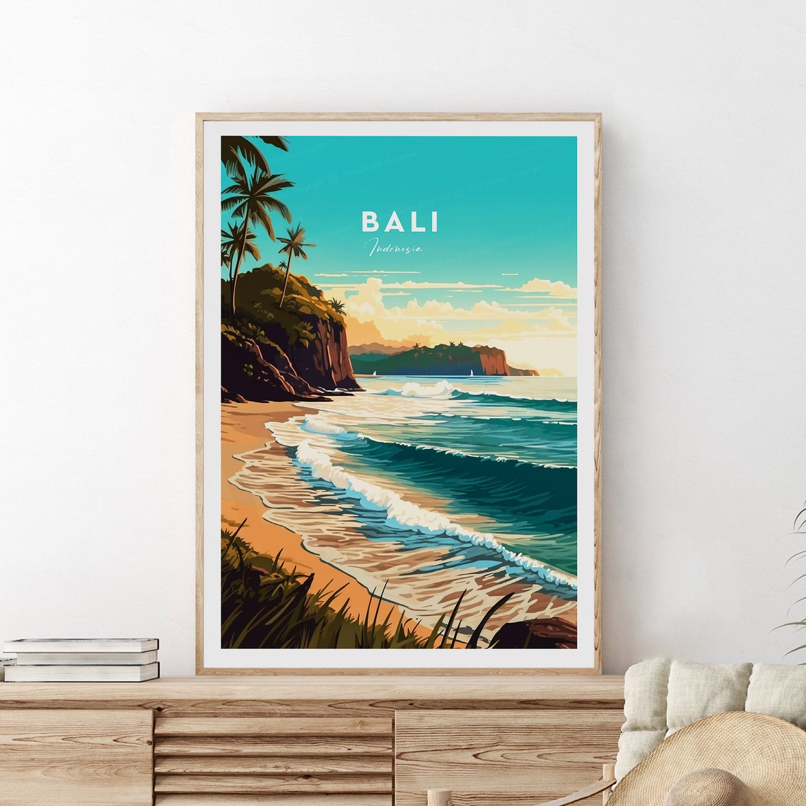 Bali Indonesia Palm Fringed Beach and Cliffs Vintage Travel Poster - Image 2