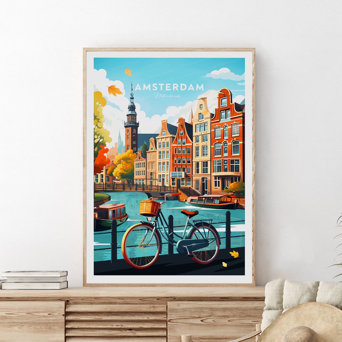 Amsterdam Netherlands Canal Bicycle Gabled Houses City Poster