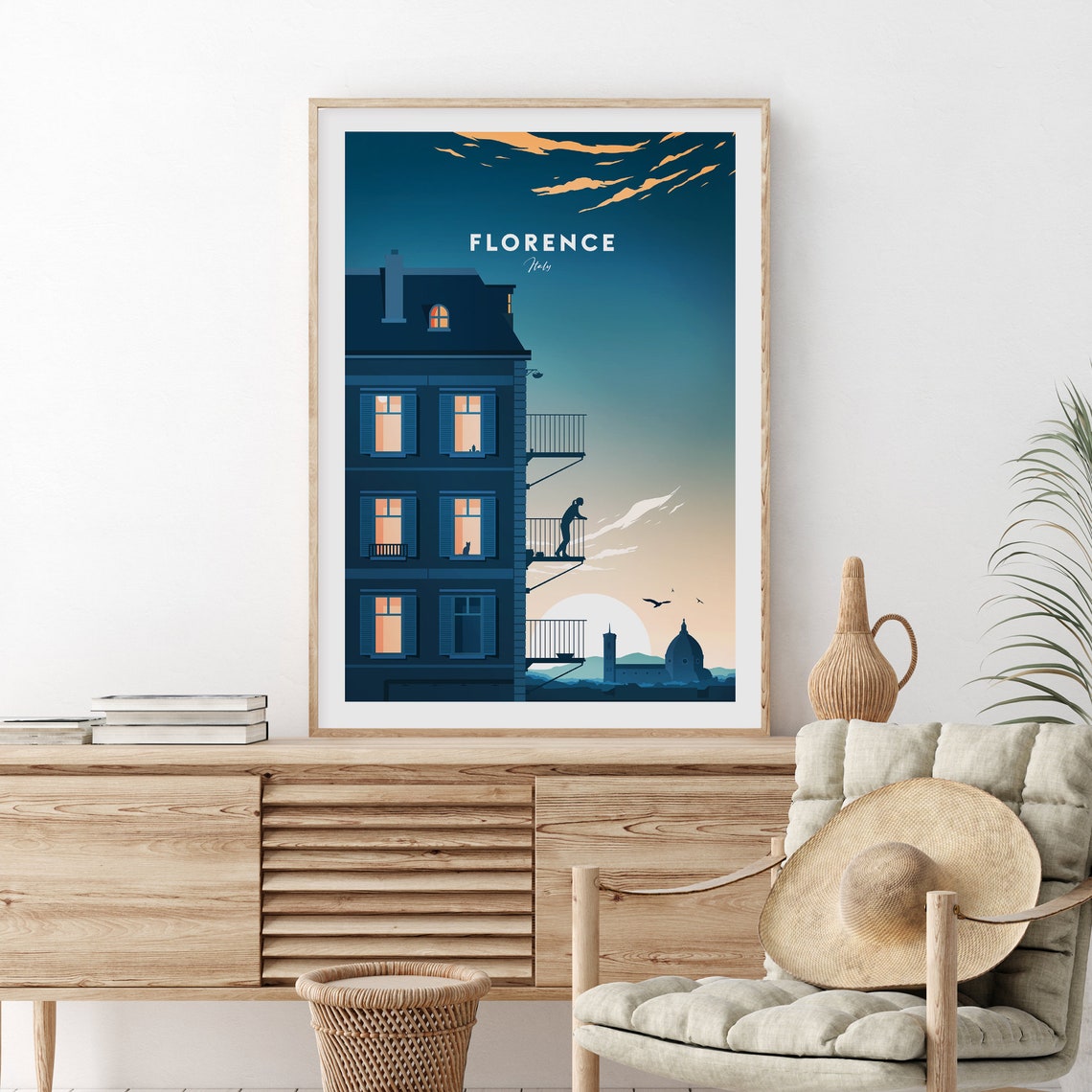Florence Italy Evening Rooftops Duomo Dome Skyline Travel Poster