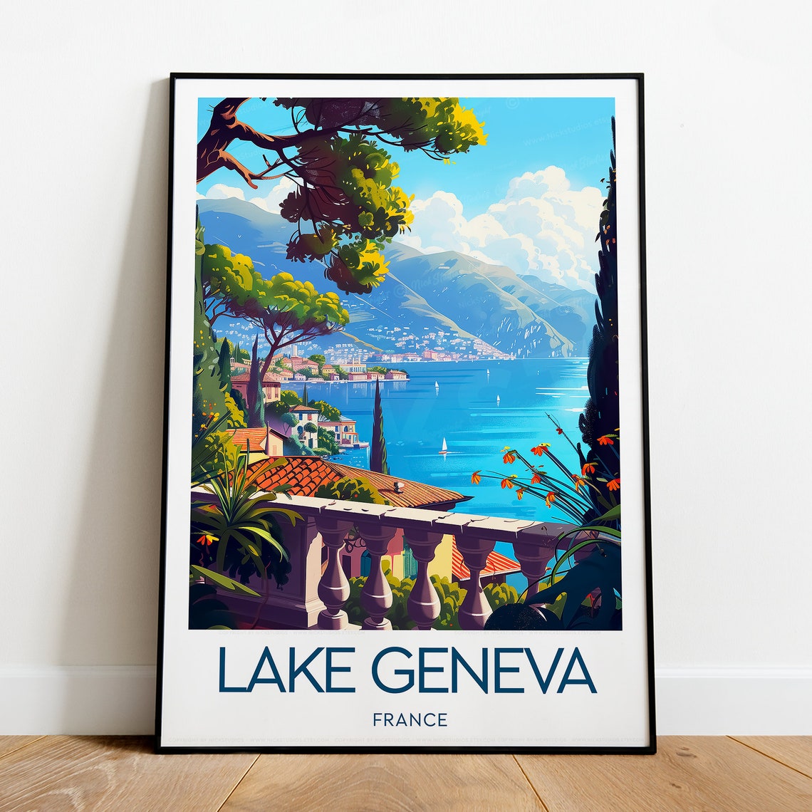 Lake Geneva Elegant Terrace Overlooking Blue Mountain Water Poster