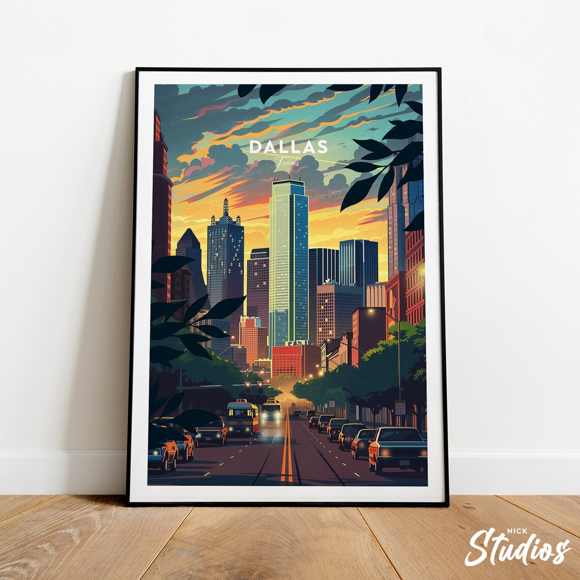 Dallas Texas Skyline Street Traditional Vintage City Travel Poster