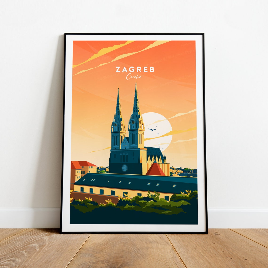 Zagreb Croatia Cathedral Spires Sunset Vintage Travel Poster