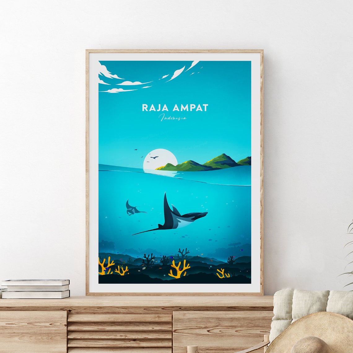 Raja Ampat Indonesia Manta Rays Coral Reef Diving Travel Poster