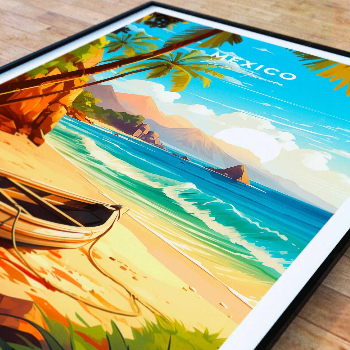 Mexico Beach Palm Trees Fishing Boat Tropical Coast Travel Poster - Image 2